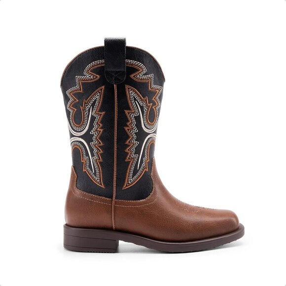 ⚡Girls Black Brown Cowboy Boots Toddler Mid Calf Western Square Toe Riding Boot - Picture 3 of 6
